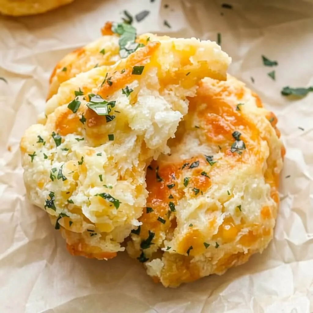 A close up shot of an easy cheddar bay biscuit broken open on parchment paper, showing a fluffy interior, melted cheddar cheese, and garlic herb butter.