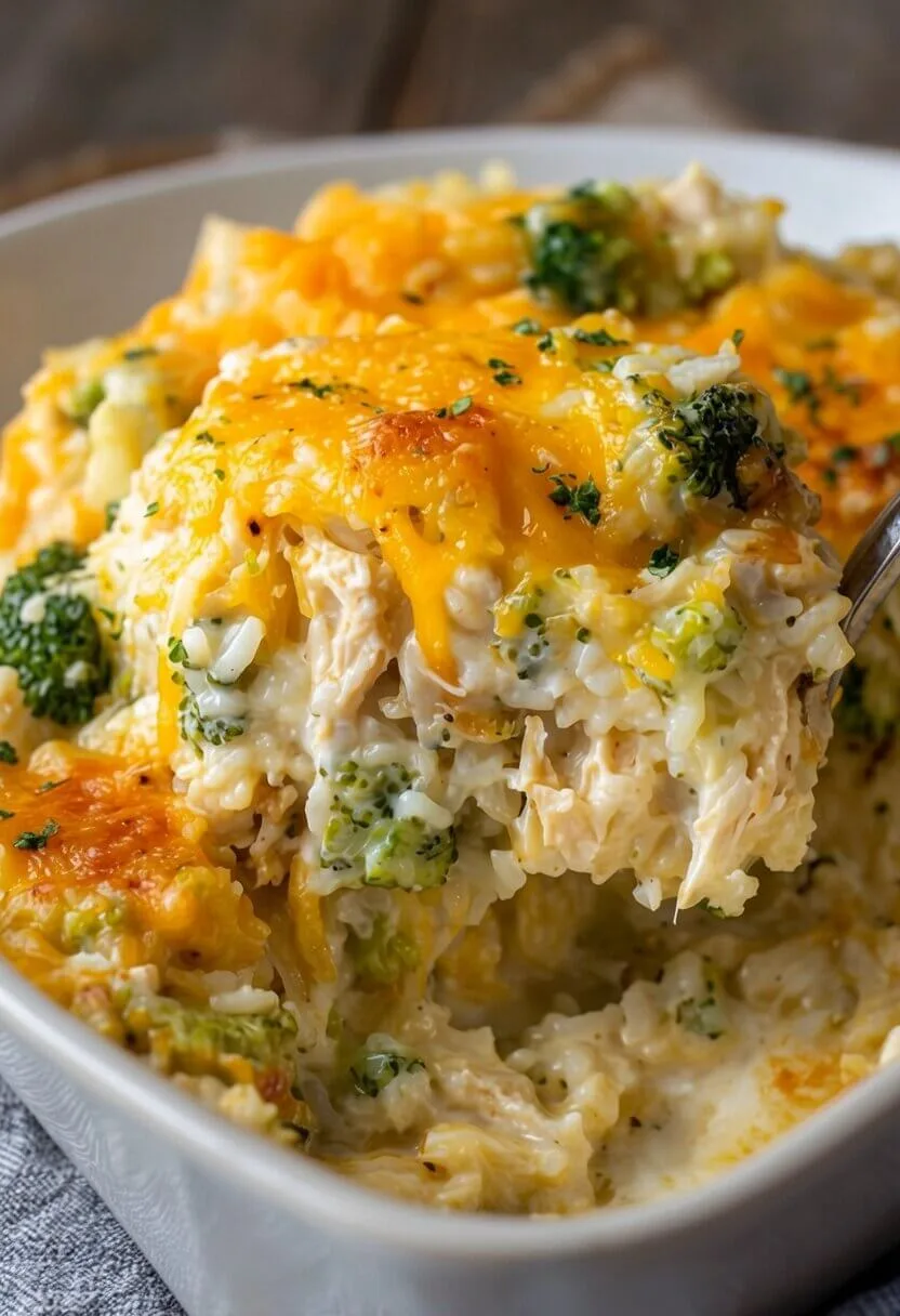 A large spoon lifting a serving of an easy chicken broccoli rice casserole with shredded chicken, broccoli florets, and melted cheddar cheese.