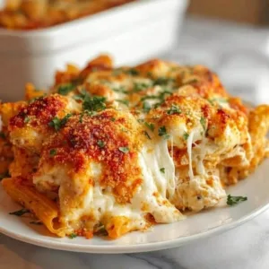 A close up plated serving of easy cheesy baked rigatoni pasta topped with marinara sauce, melted mozzarella, and fresh parsley.
