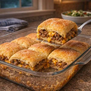 A metal spatula lifting a golden-brown cheeseburger puff pastry square from a glass baking dish, showing a seasoned ground beef and melted cheddar filling.