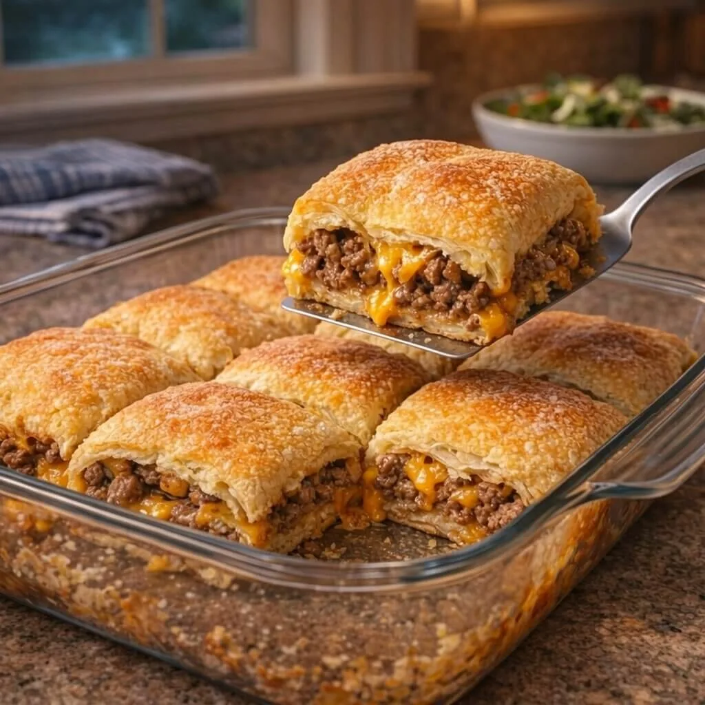 A metal spatula lifting a golden-brown cheeseburger puff pastry square from a glass baking dish, showing a seasoned ground beef and melted cheddar filling.