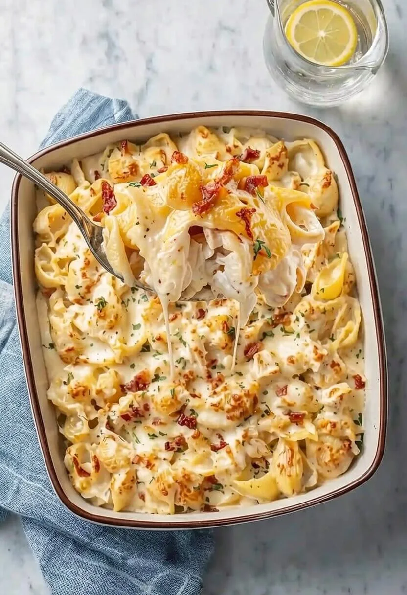 Overhead top down view of an easy garlic chicken pasta bake in a ceramic dish, with a large spoon scooping up cheesy pasta shells topped with crispy bacon.