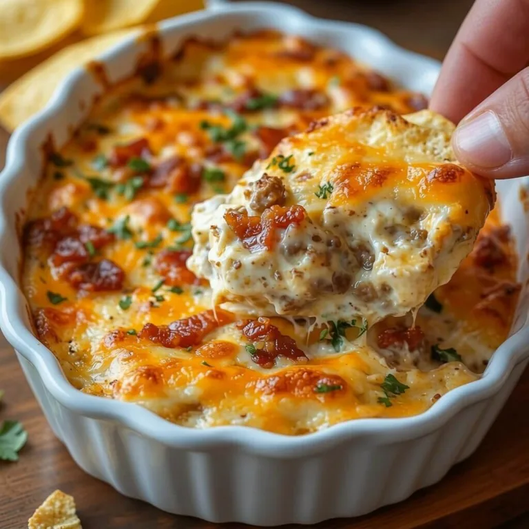A hand using a tortilla chip to scoop up a creamy baked sausage dip with melted cheddar cheese, bacon bits, and parsley from a white fluted dish.