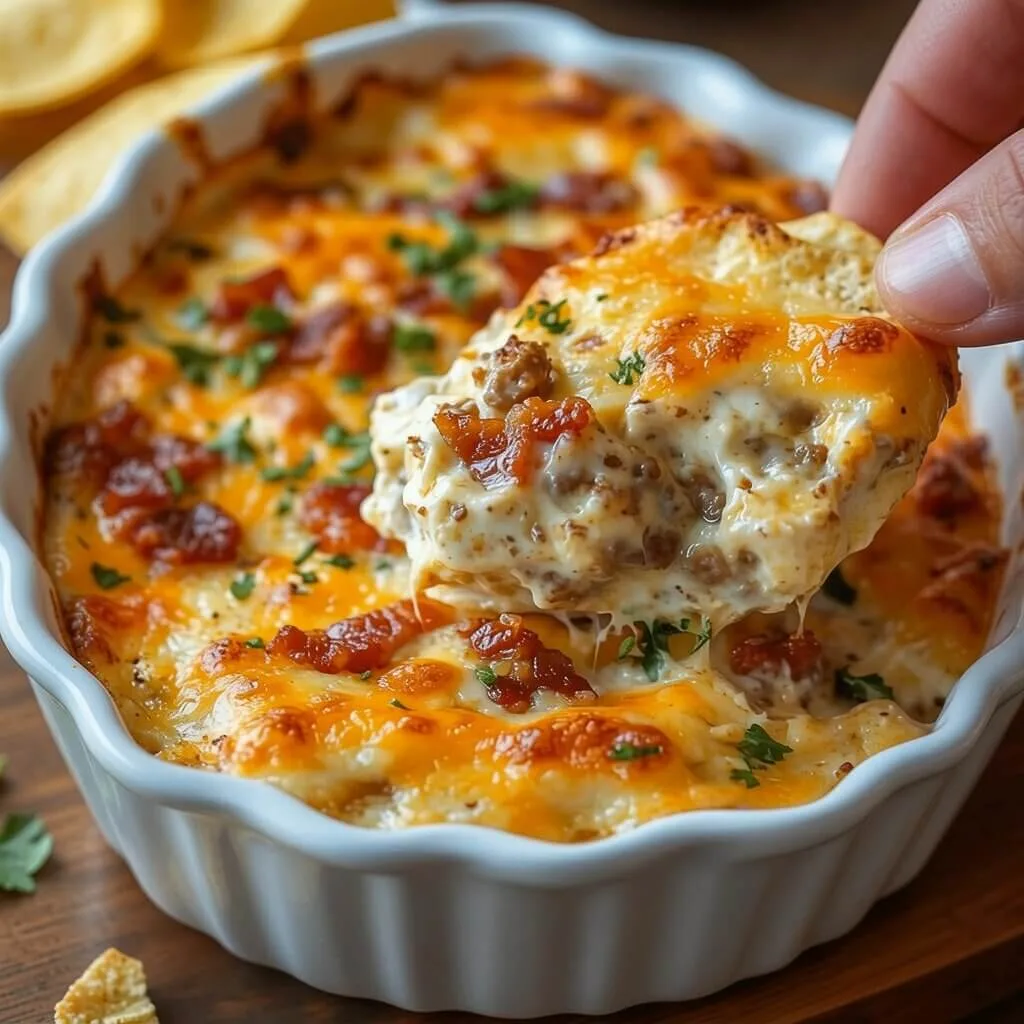 A hand using a tortilla chip to scoop up a creamy baked sausage dip with melted cheddar cheese, bacon bits, and parsley from a white fluted dish.
