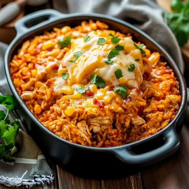 A black ceramic baking dish filled with an easy fiesta chicken rice casserole topped with sweet corn, fresh cilantro, and melted cheese.