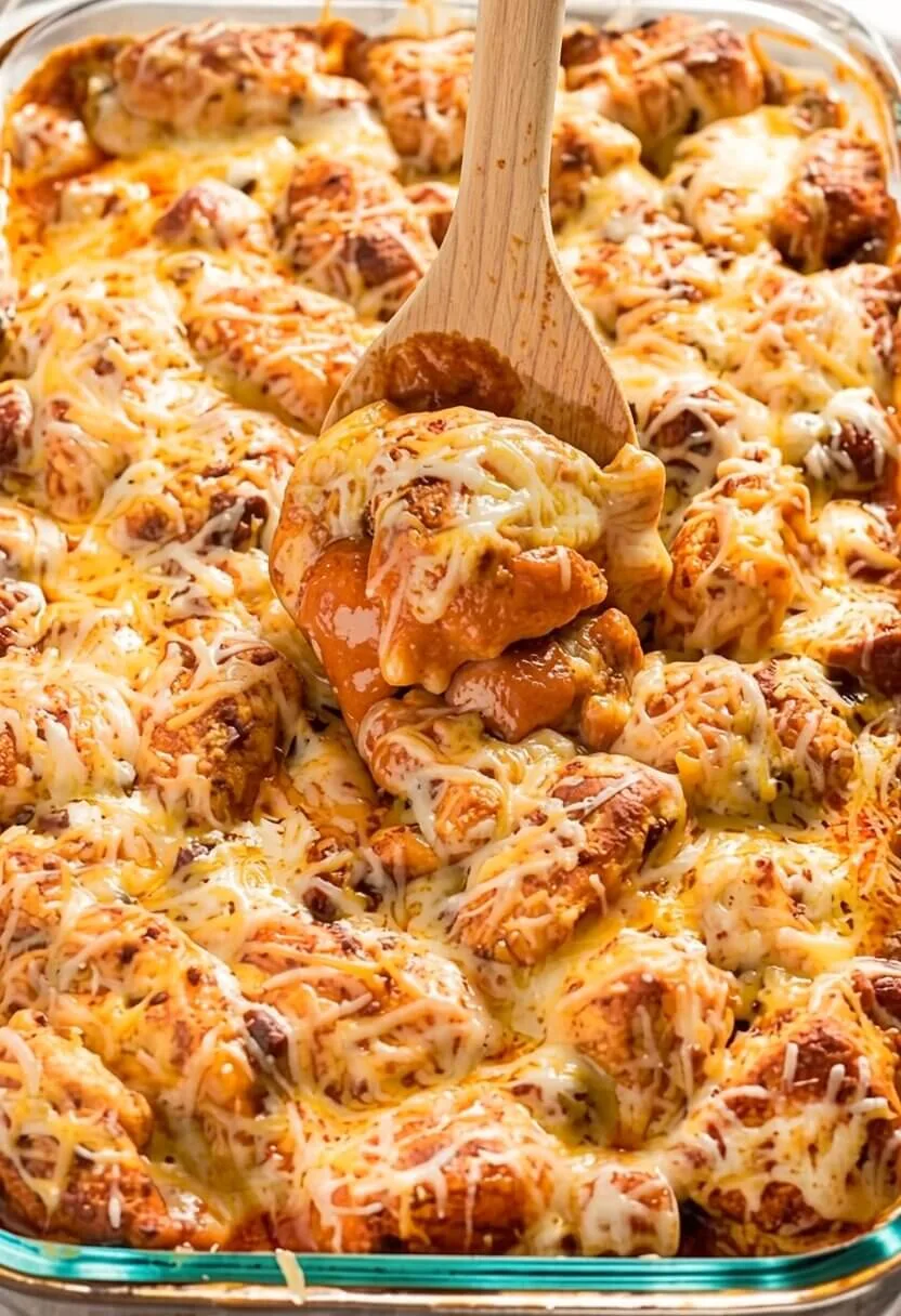 Overhead view of a glass baking pan filled with a baked cheesy biscuit pull apart bake straight from the oven.