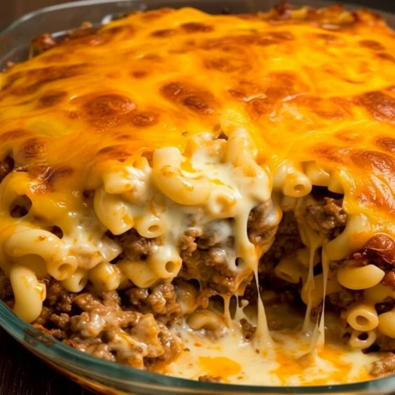 A close up profile shot of an easy ground beef macaroni casserole in a glass dish, showing layered elbow macaroni, seasoned meat, and a stretchy cheese pull.