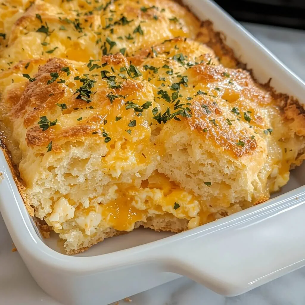 A close up shot of an easy biscuit breakfast casserole with layers of fluffy baked biscuits, scrambled eggs, and melted cheddar cheese.