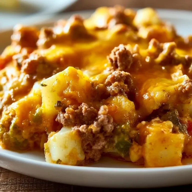 Ground beef casserole topped with cheese and vegetables in a baking dish.