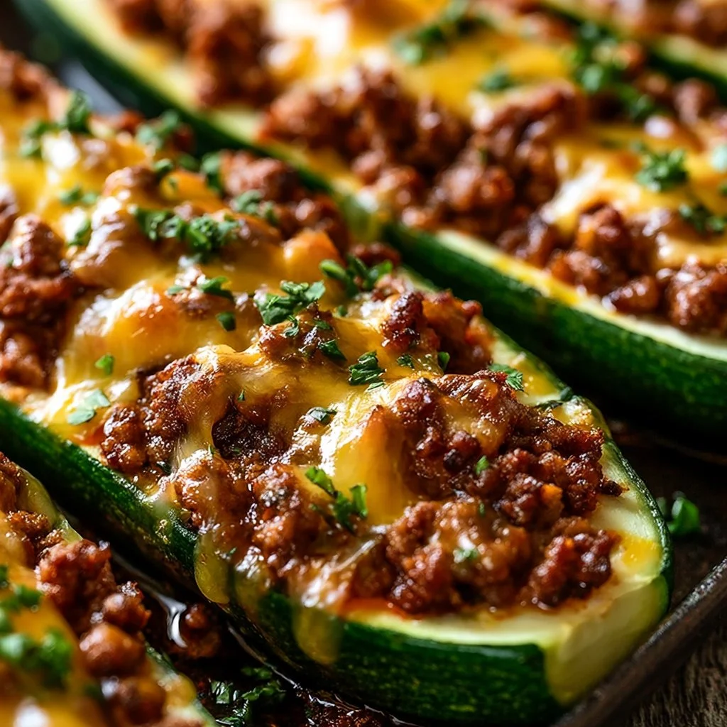 Ground beef zucchini boats topped with melted cheese and fresh herbs