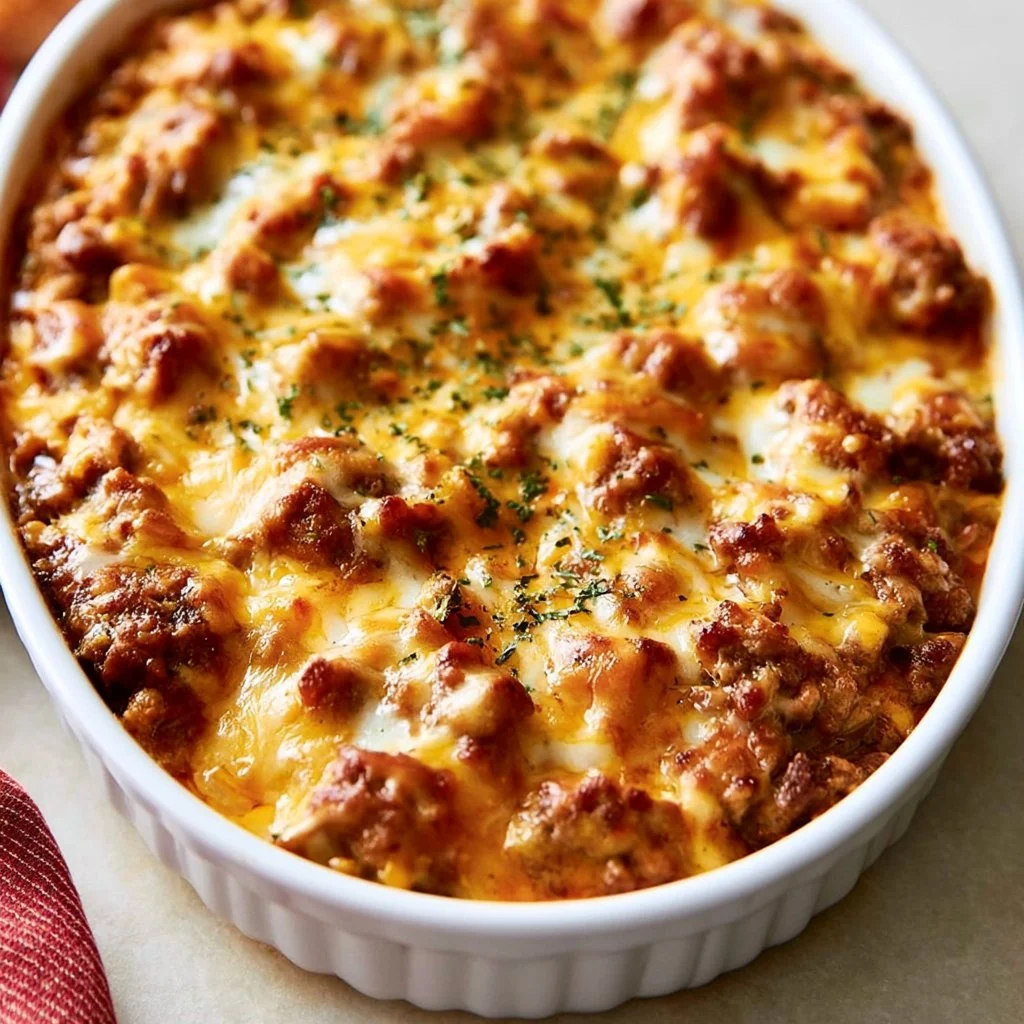 Delicious Keto Cheeseburger Casserole topped with melted cheese and fresh herbs