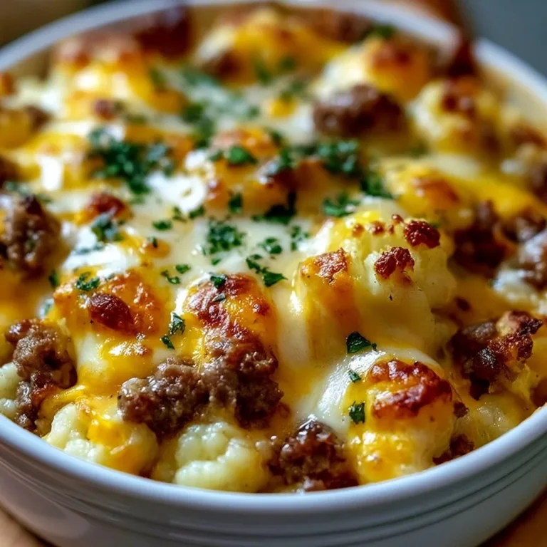 Keto Cheeseburger Cauliflower Mac dish served in a bowl
