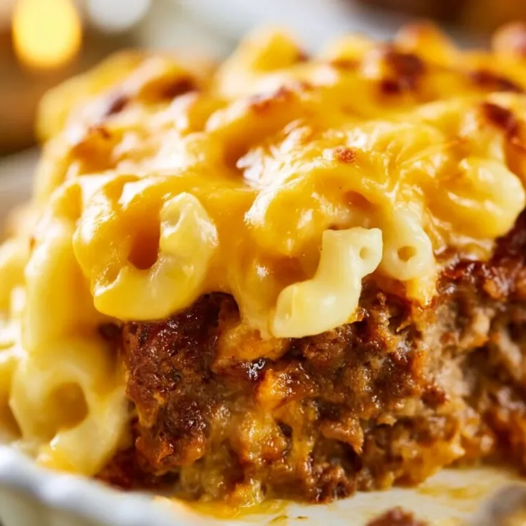 Delicious Mac and Cheese Meatloaf Casserole served in a dish