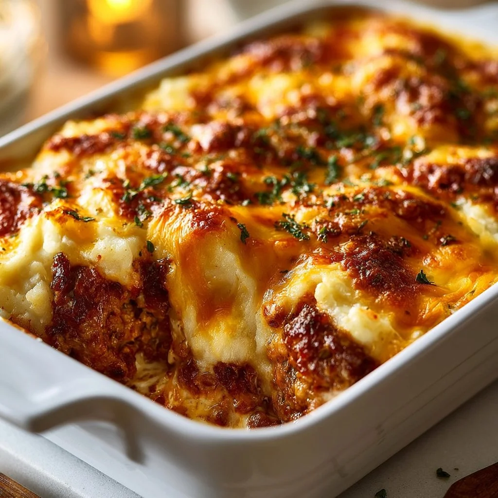 Delicious meatloaf served with mashed potatoes and cheese