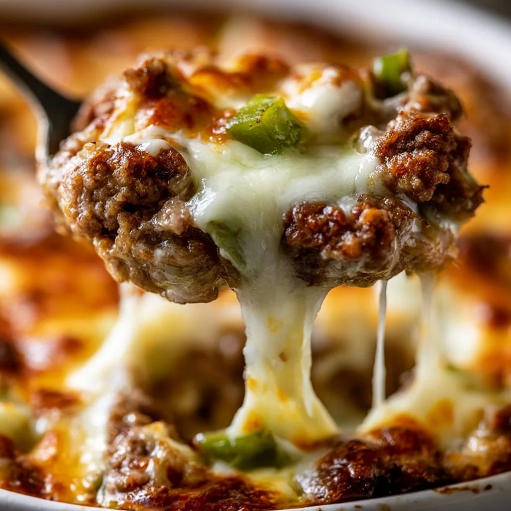 Delicious Philly Cheesesteak Casserole topped with melted cheese and peppers