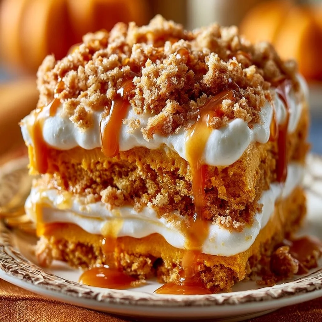Slice of homemade pumpkin cake topped with cream cheese frosting