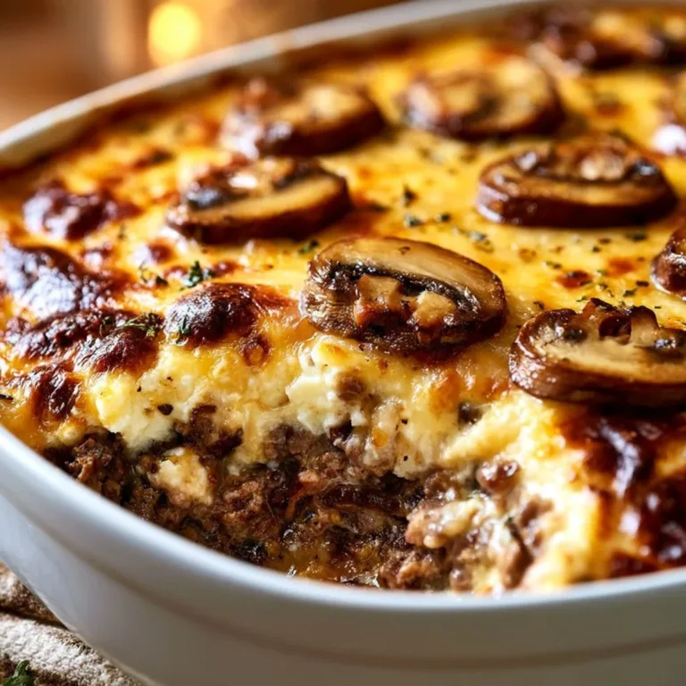 Delicious cottage cheese mushroom Swiss burger casserole ready to serve.