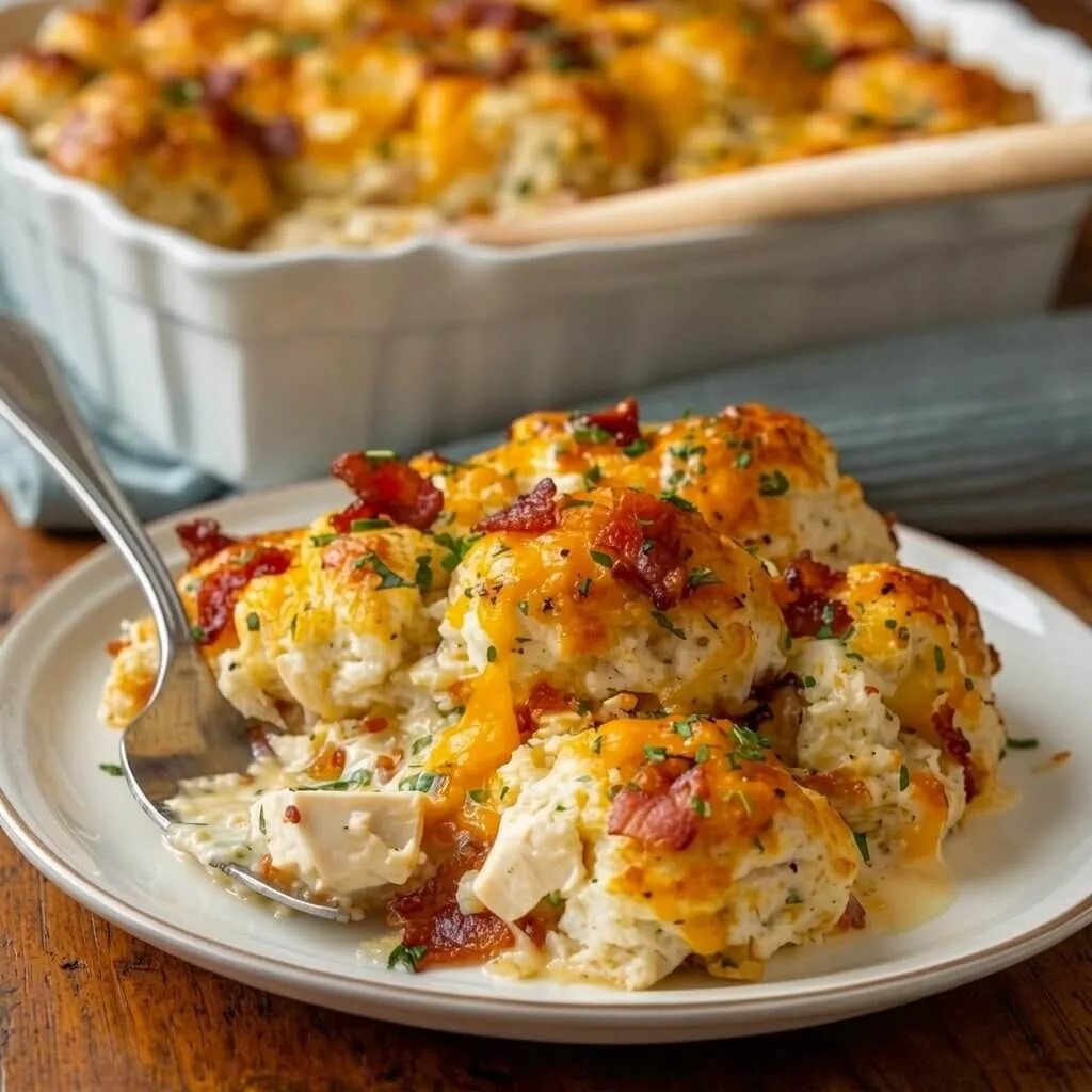 A single serving of cheesy biscuit chicken casserole recipe on a white plate with chunks of chicken, crispy bacon bits, and a fork.