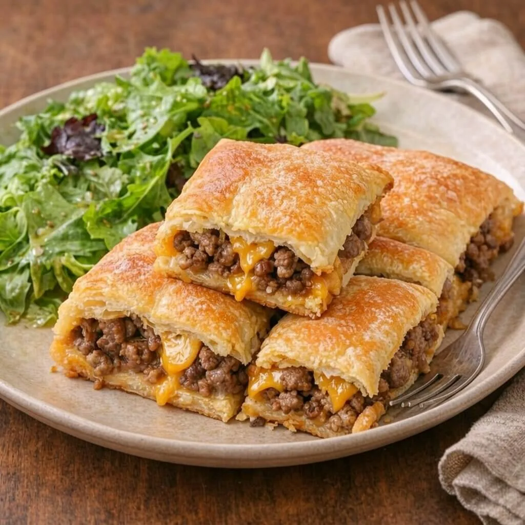 A stacked serving of ground beef and cheese turnovers on a beige ceramic plate next to a fresh green side salad.