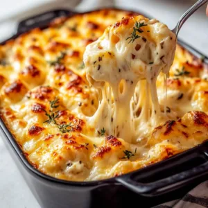 An angled close up shot of a creamy garlic potato casserole being scooped with a spoon, highlighting bubbly broiled cheese and fresh thyme.