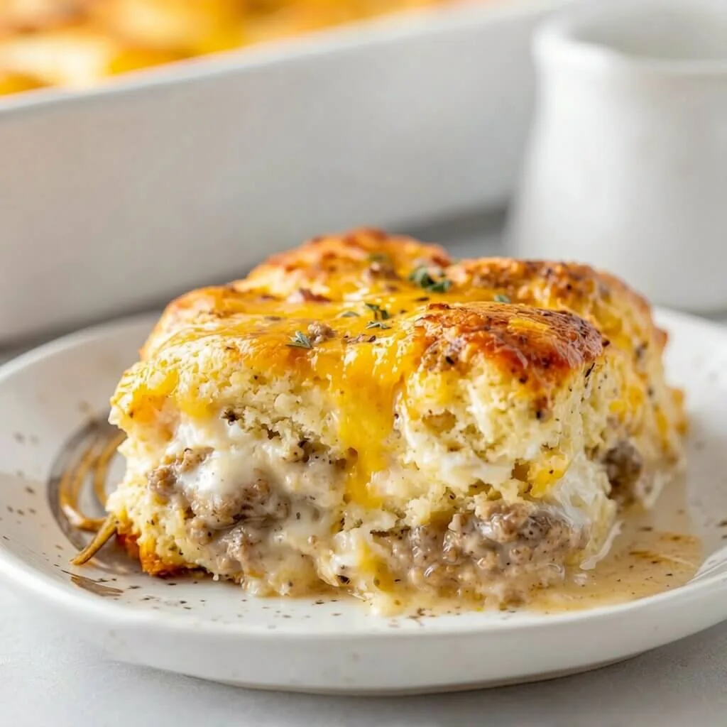 A single serving of a sausage gravy breakfast bake on a white plate showing layers of fluffy biscuit dough and savory cream gravy.