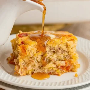 A close up shot of a sweet maple syrup stream dripping onto a slice of baked french toast string casserole.