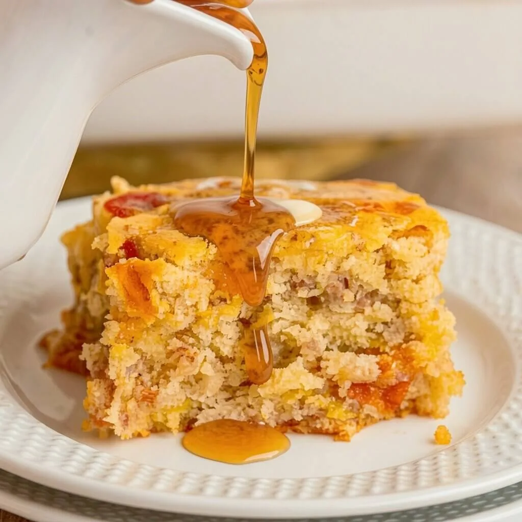 A close up shot of a sweet maple syrup stream dripping onto a slice of baked french toast string casserole.