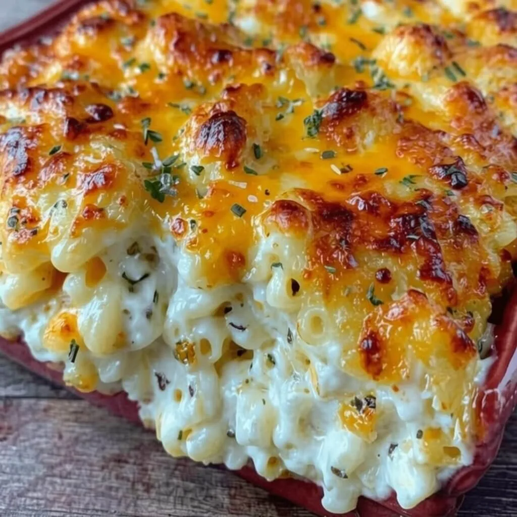 An angled side shot of the best baked macaroni and cheese recipe highlighting a thick white cream layer under a golden cheddar crust.