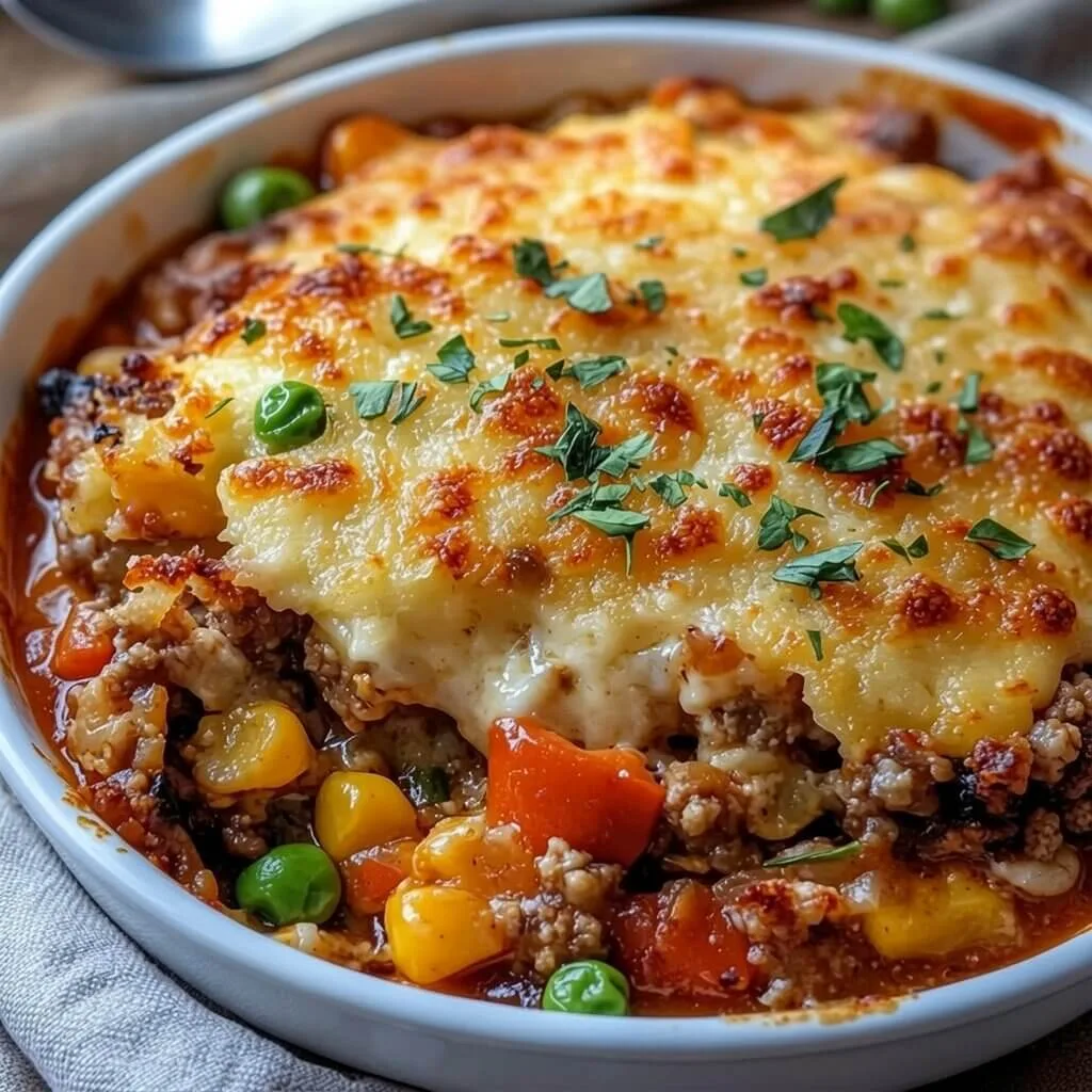 A close up profile shot of a classic ground beef cottage pie showing layers of seasoned meat, corn, peas, carrots, and a thick mashed potato topping.