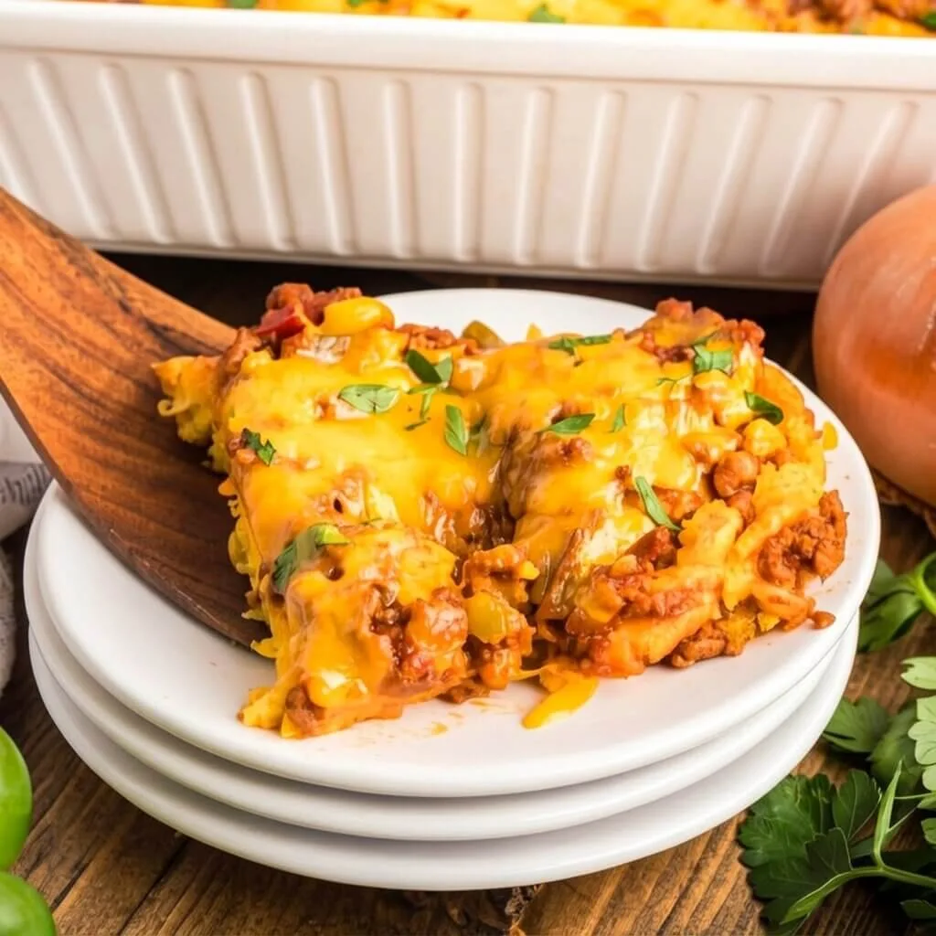 A served slice of a ground beef tamale pie recipe on a white plate, highlighting layers of sweet cornbread, seasoned meat filling, and melted cheese.