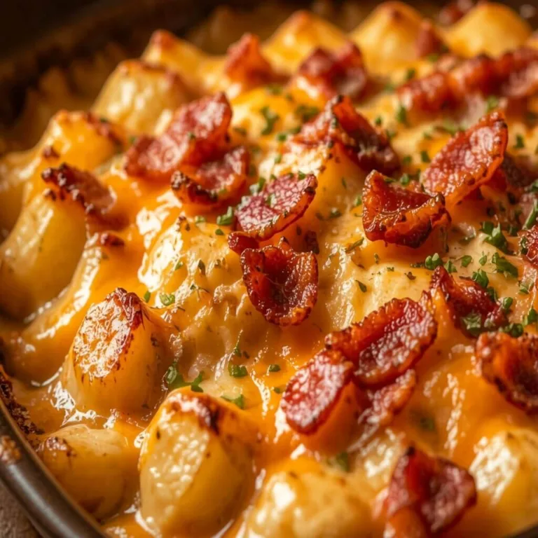 An angled close up shot of a cheesy potato bacon skillet bake showing crisp, caramelized bacon topping on melted cheese.