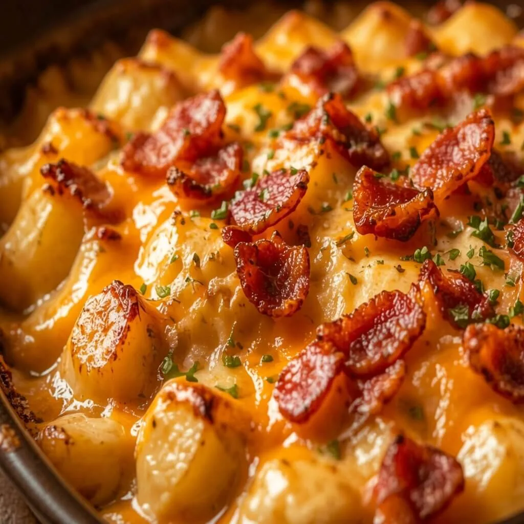 An angled close up shot of a cheesy potato bacon skillet bake showing crisp, caramelized bacon topping on melted cheese.