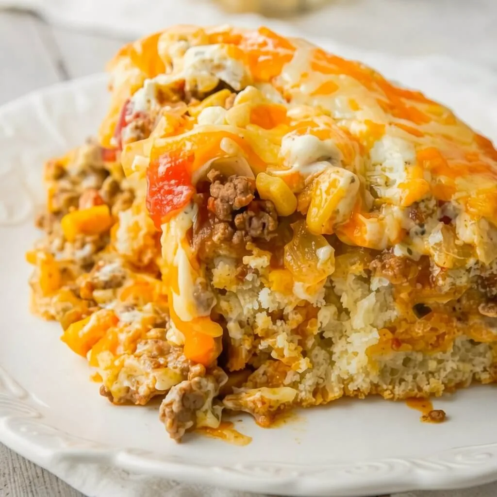 A single serving of a ground beef tamale pie recipe on a white plate showing layers of sweet cornbread, seasoned meat, corn, and melted cheese.