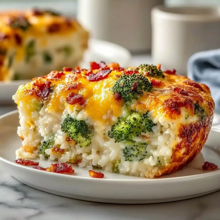 An angled close up shot of a cheesy broccoli rice bake served on a plate, topped with melted cheddar and crispy bacon bits.