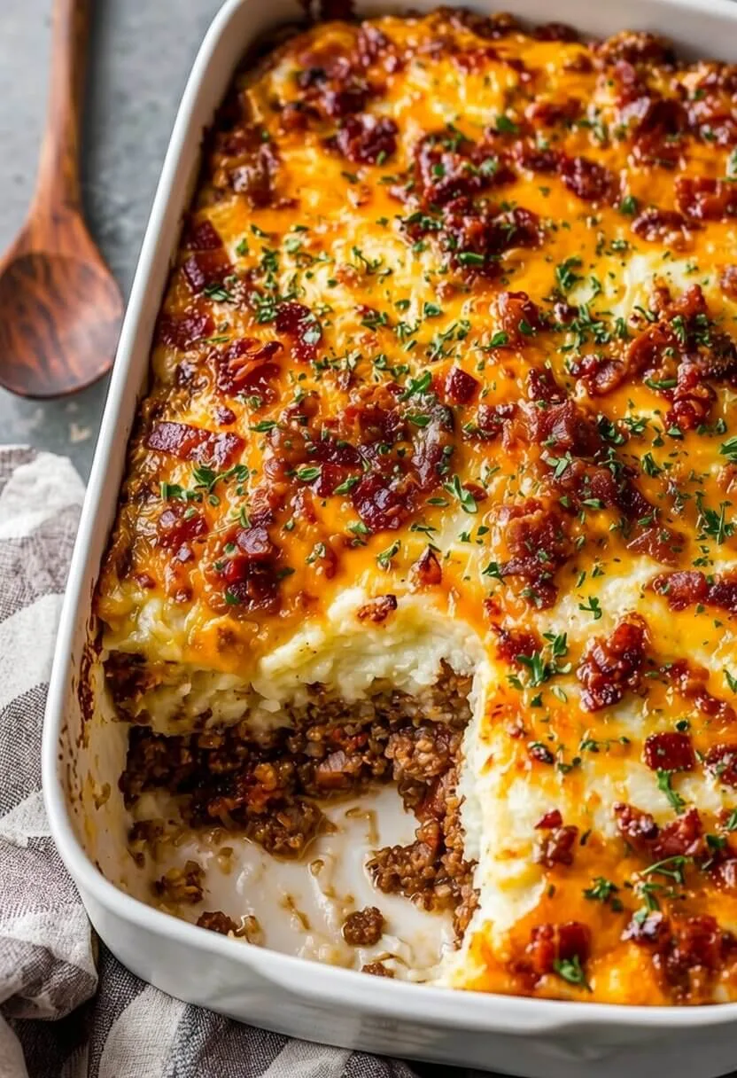 Overhead top down view of a white ceramic baking dish with a loaded cottage pie recipe, showing a square section scooped out to reveal the seasoned beef layer underneath.