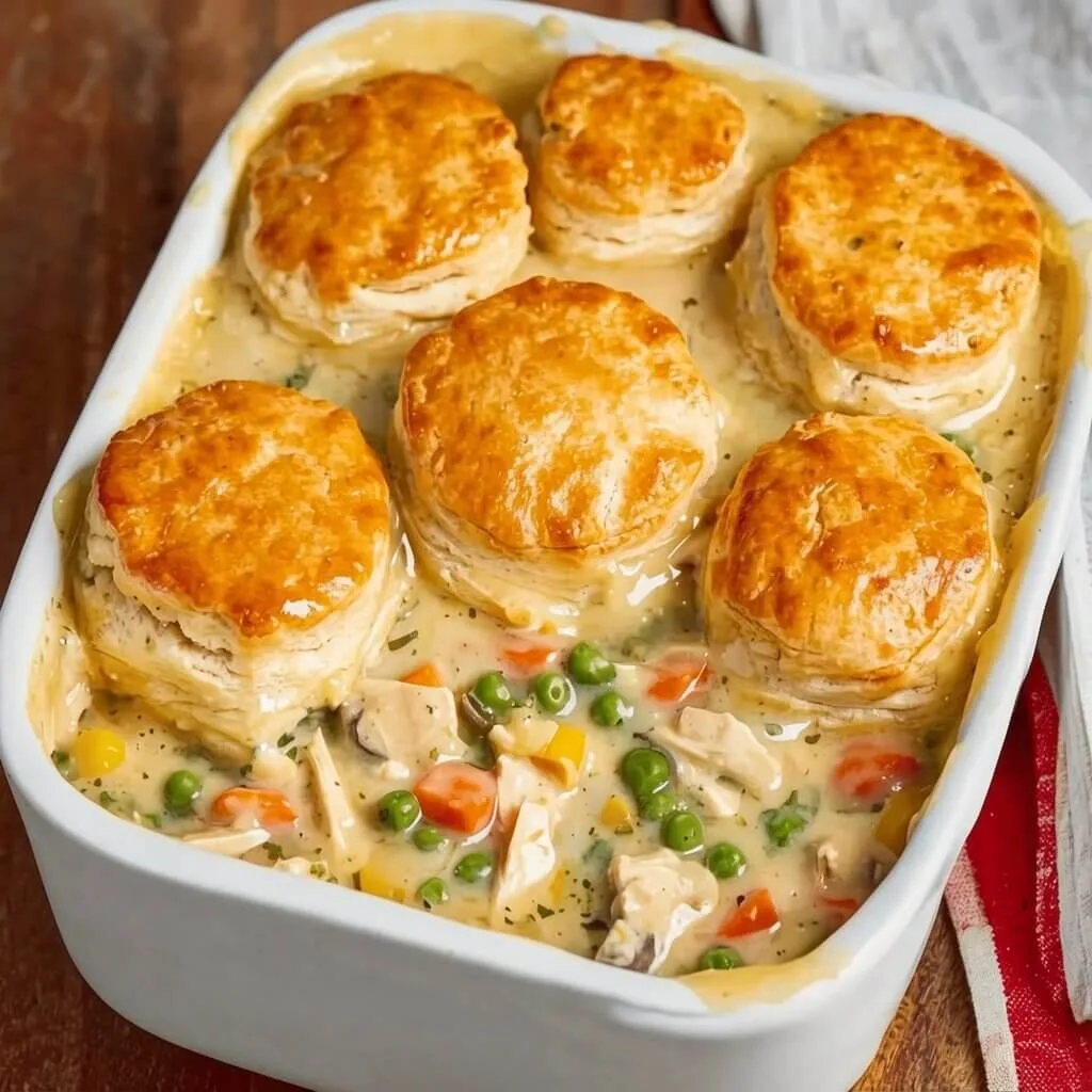 Overhead top down view of a rectangular white baking dish filled with a puff pastry chicken pot pie casserole topped with round golden biscuits.