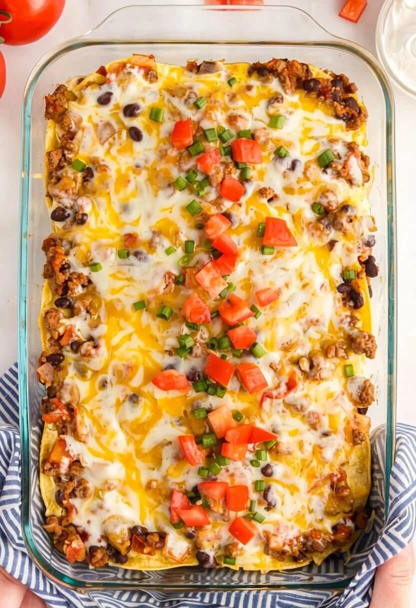 Overhead top down view of a clear glass rectangular baking dish filled with the best taco casserole topped with melted cheese, diced tomatoes, and green onions.