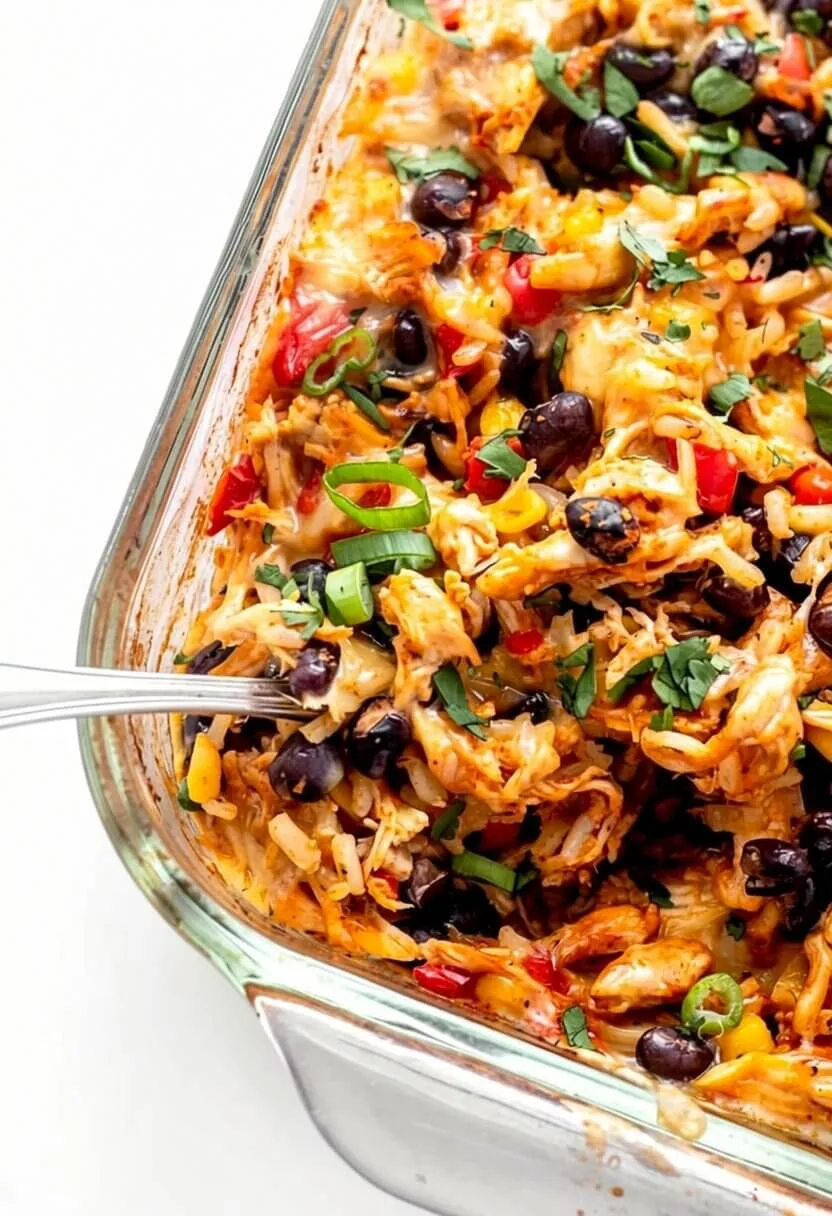 An angled close up shot of a fiesta chicken and rice bake inside a glass baking dish, being scooped with a silver spoon.