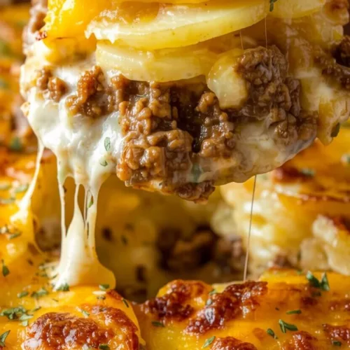 A large spatula lifting a thick layered portion of cheesy scalloped potatoes and beef from a baking dish, displaying a long cheese stretch.