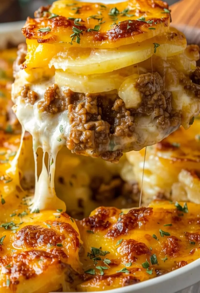 A large spatula lifting a thick layered portion of cheesy scalloped potatoes and beef from a baking dish, displaying a long cheese stretch.