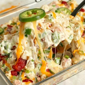 A black spoon lifting a scoop of creamy jalapeno chicken casserole from a glass dish, showing a dramatic melted cheese pull and bacon pieces.
