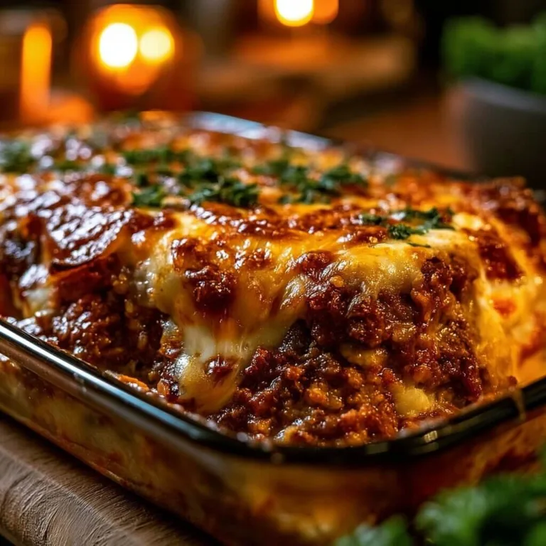 An angled close up shot of the best cheesy ground beef casserole inside a glass baking dish, featuring a bubbling meat sauce and broiled cheese top with fresh herbs.