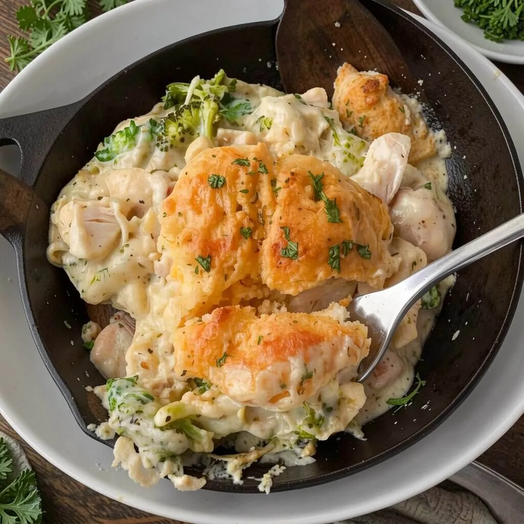 A close up individual serving of a cheesy chicken bubble up bake with a metal fork, showing large pieces of chicken and broccoli.