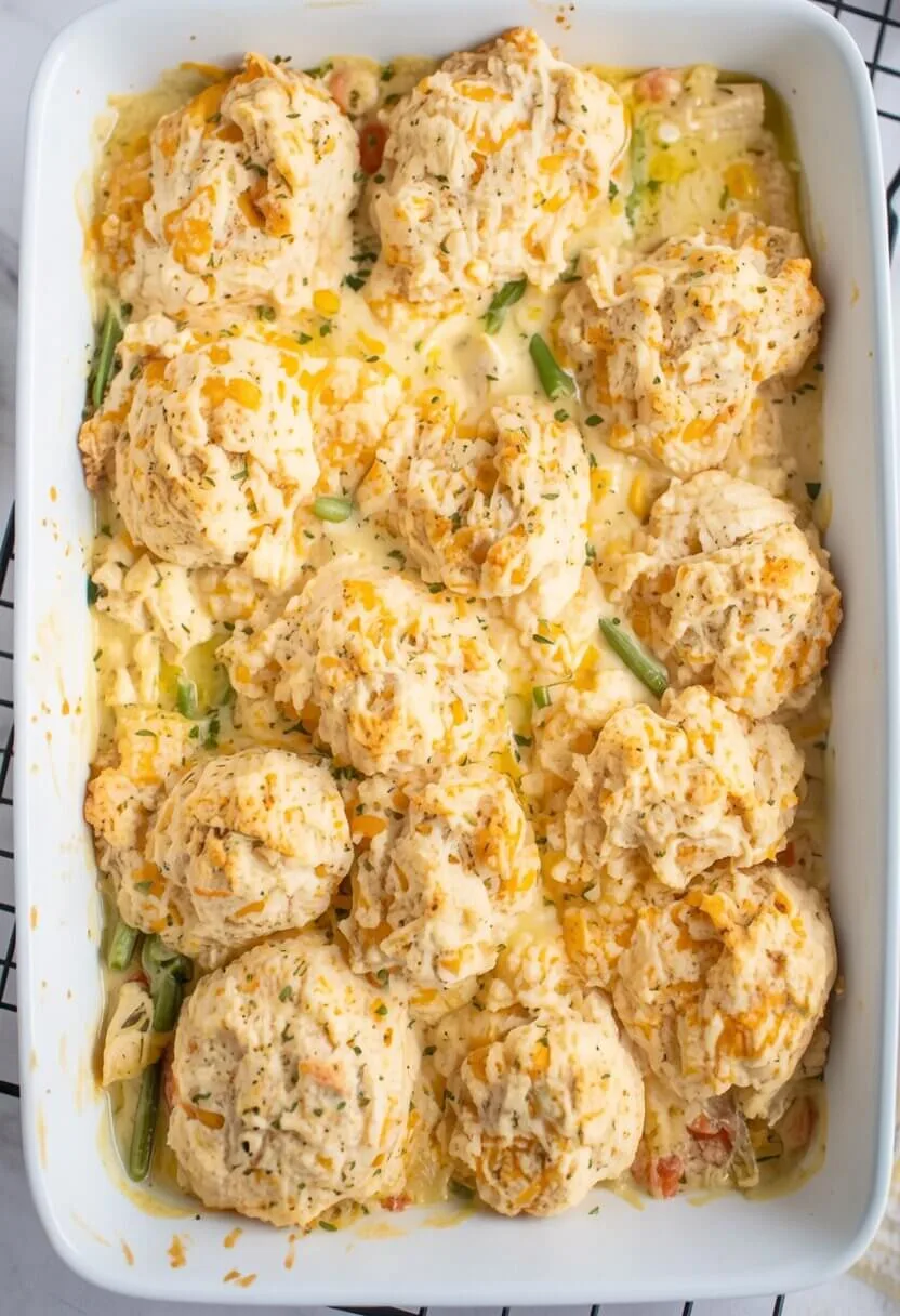 Overhead top down view of a rectangular white baking dish filled with a baked cheesy biscuit chicken bubble up straight from the oven.