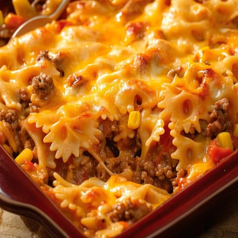 An angled close up shot of a ground beef bowtie pasta casserole inside a red baking dish, showing sweet corn kernels and a cheese pull.