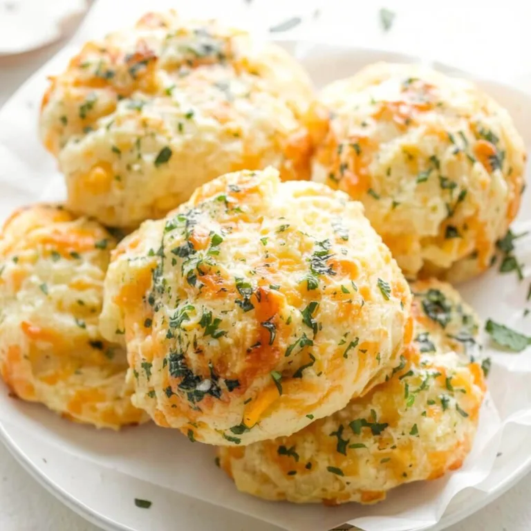 A stacked pile of homemade garlic herb drop biscuits garnished with fresh parsley on a white serving plate.