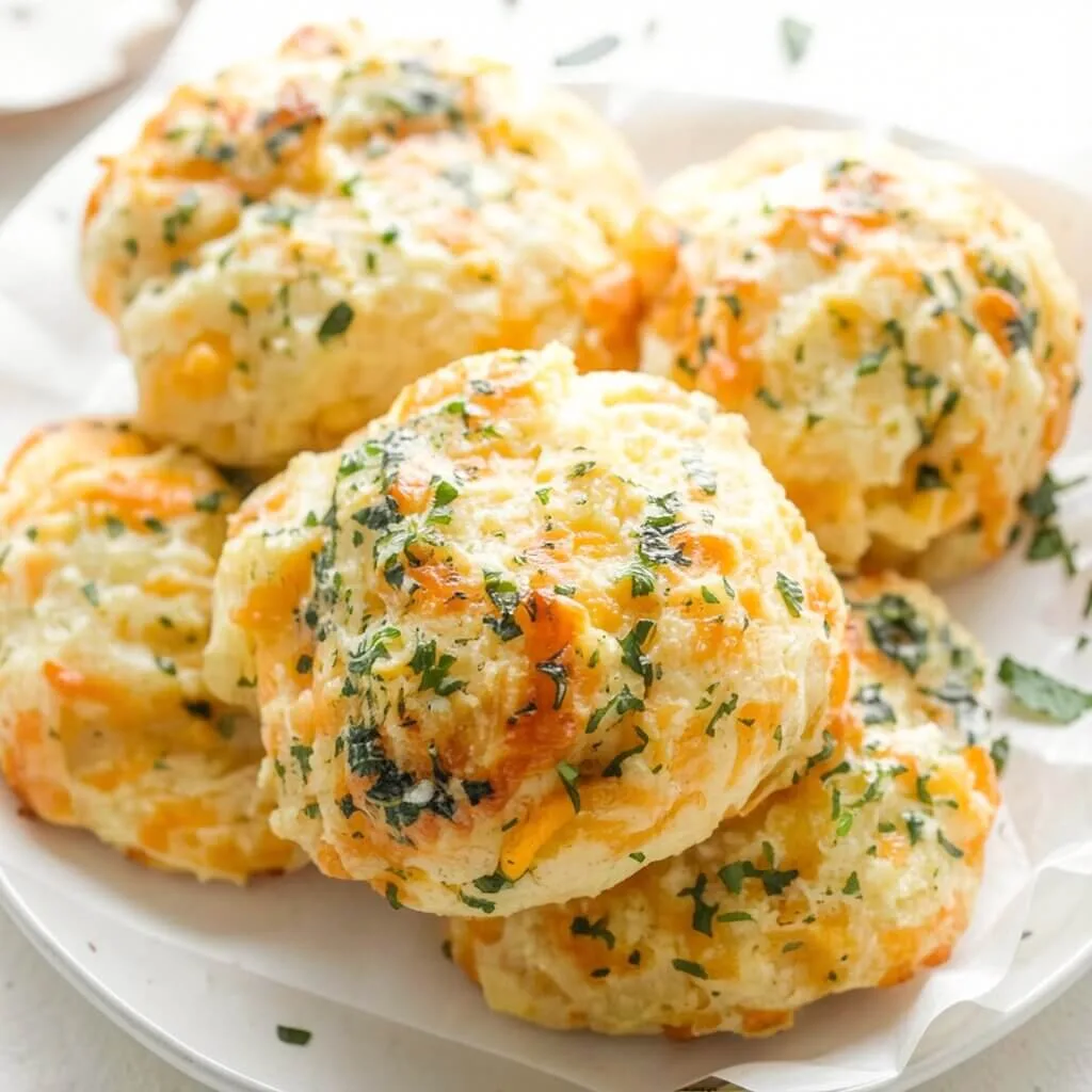 A stacked pile of homemade garlic herb drop biscuits garnished with fresh parsley on a white serving plate.
