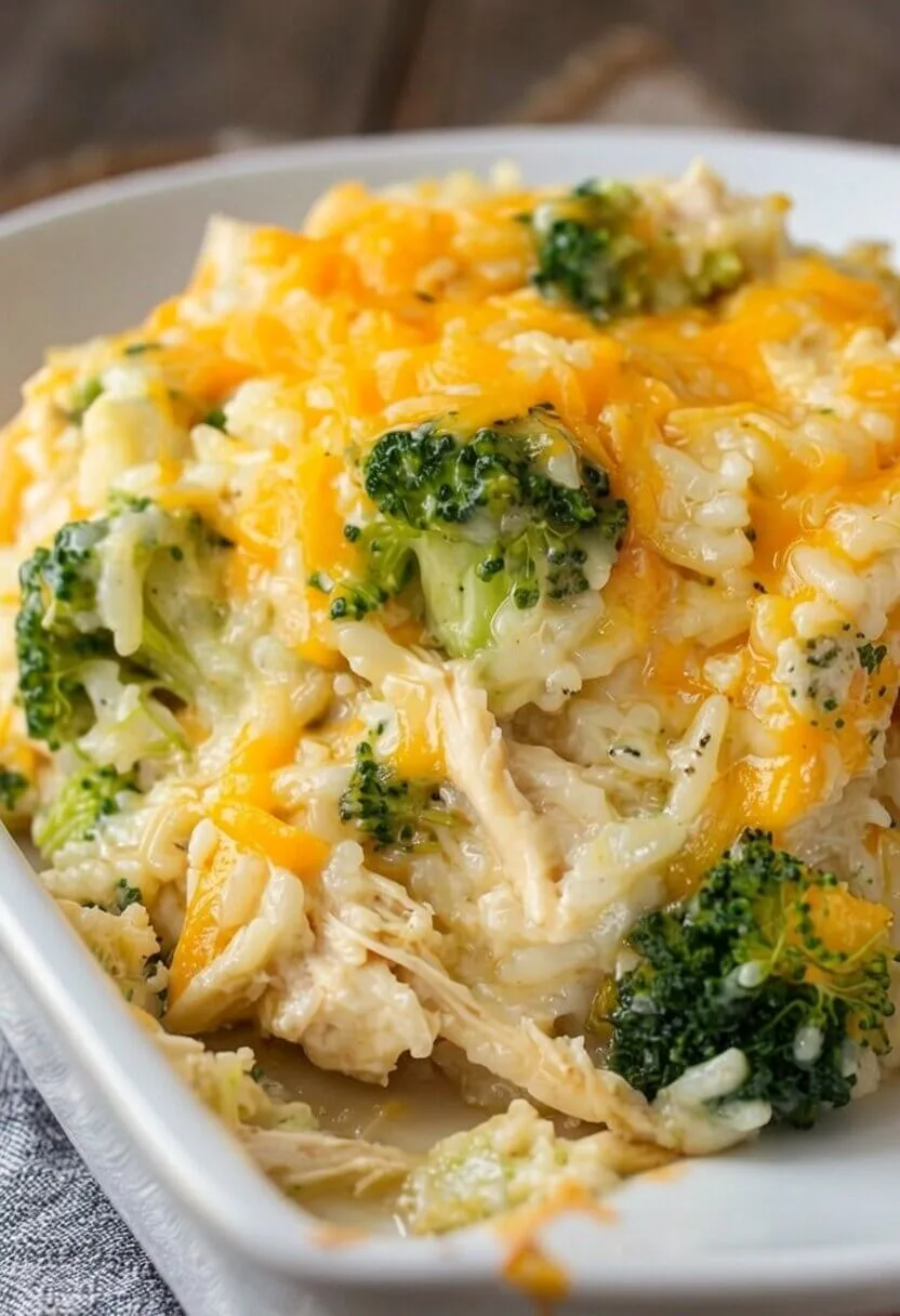 An angled close up shot of a cheesy chicken broccoli rice bake in a white casserole dish showing the creamy rice filling and melted cheese.