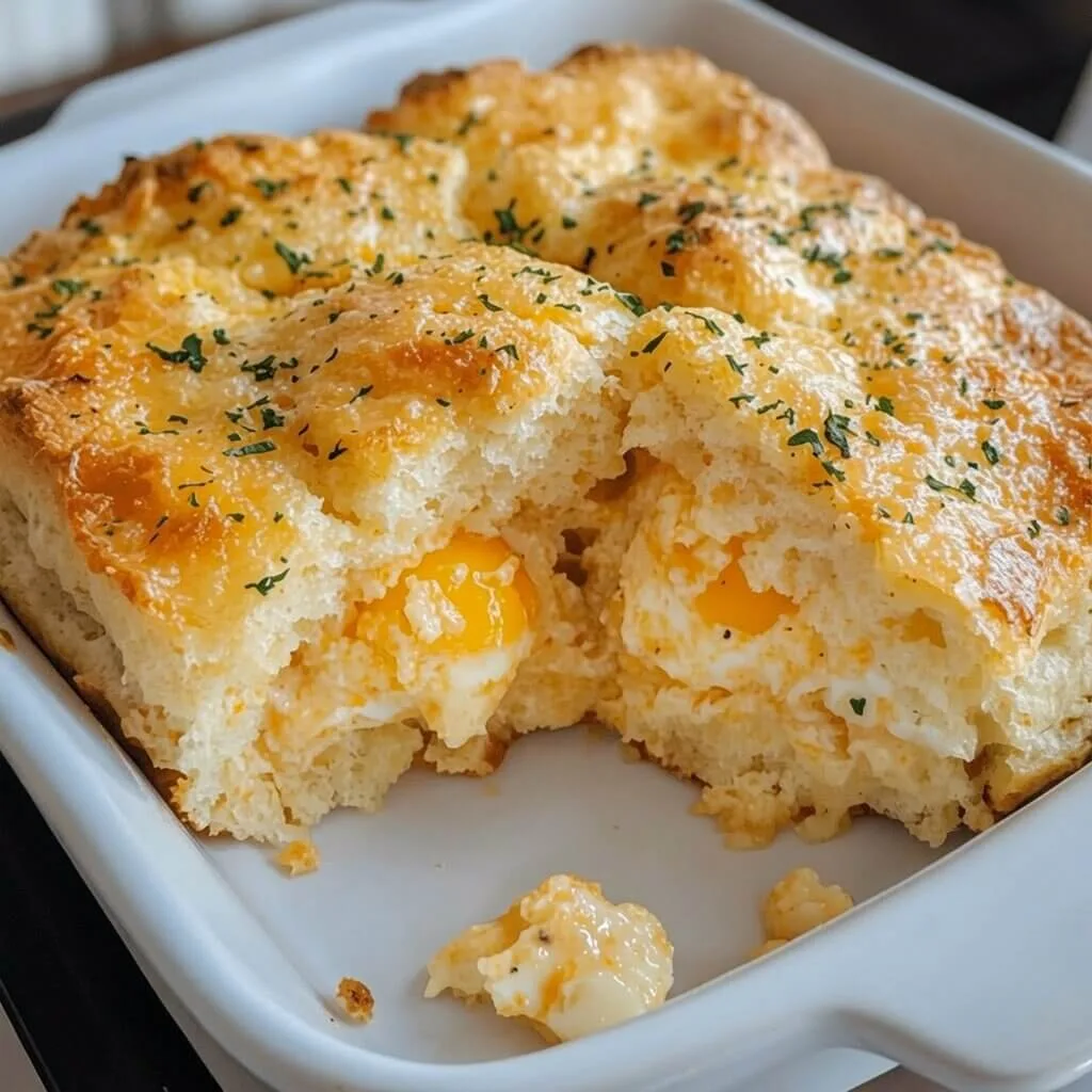 An angled food photography shot of a cheesy egg and biscuit bake in a white baking pan, broken open to reveal cooked whole egg yolks inside.