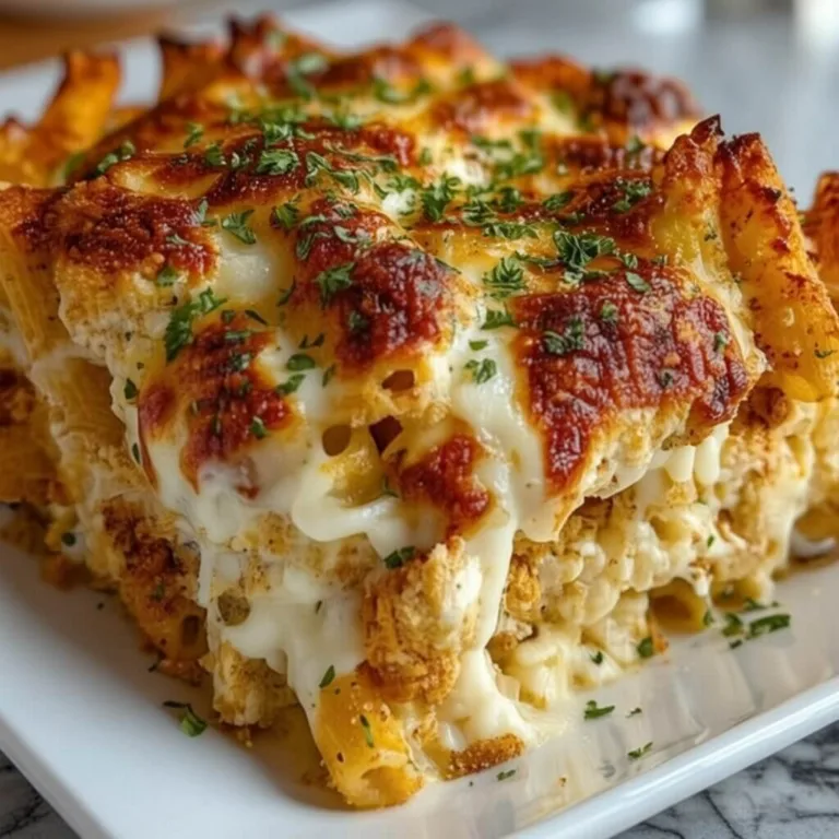 An angled profile shot of a chicken parmesan pasta casserole slice showing layers of rigatoni, white cream cheese filling, and broiled mozzarella.